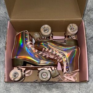 Holographic Roller Skates with Pink Accents
